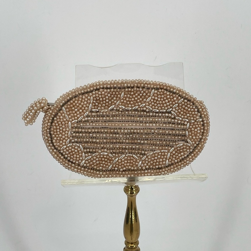 VTG 50s / 60s Beige Pearl Fully Beaded Oval Clutch / Wallet Pouch